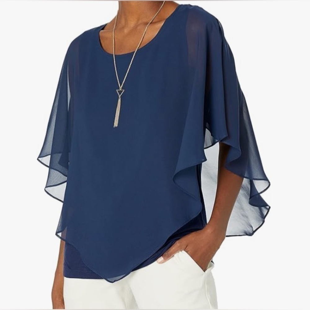 AGB Chiffon Popover Blouse Navy Blue Scoop Neck Tank Poncho Sheer Pullover 2X